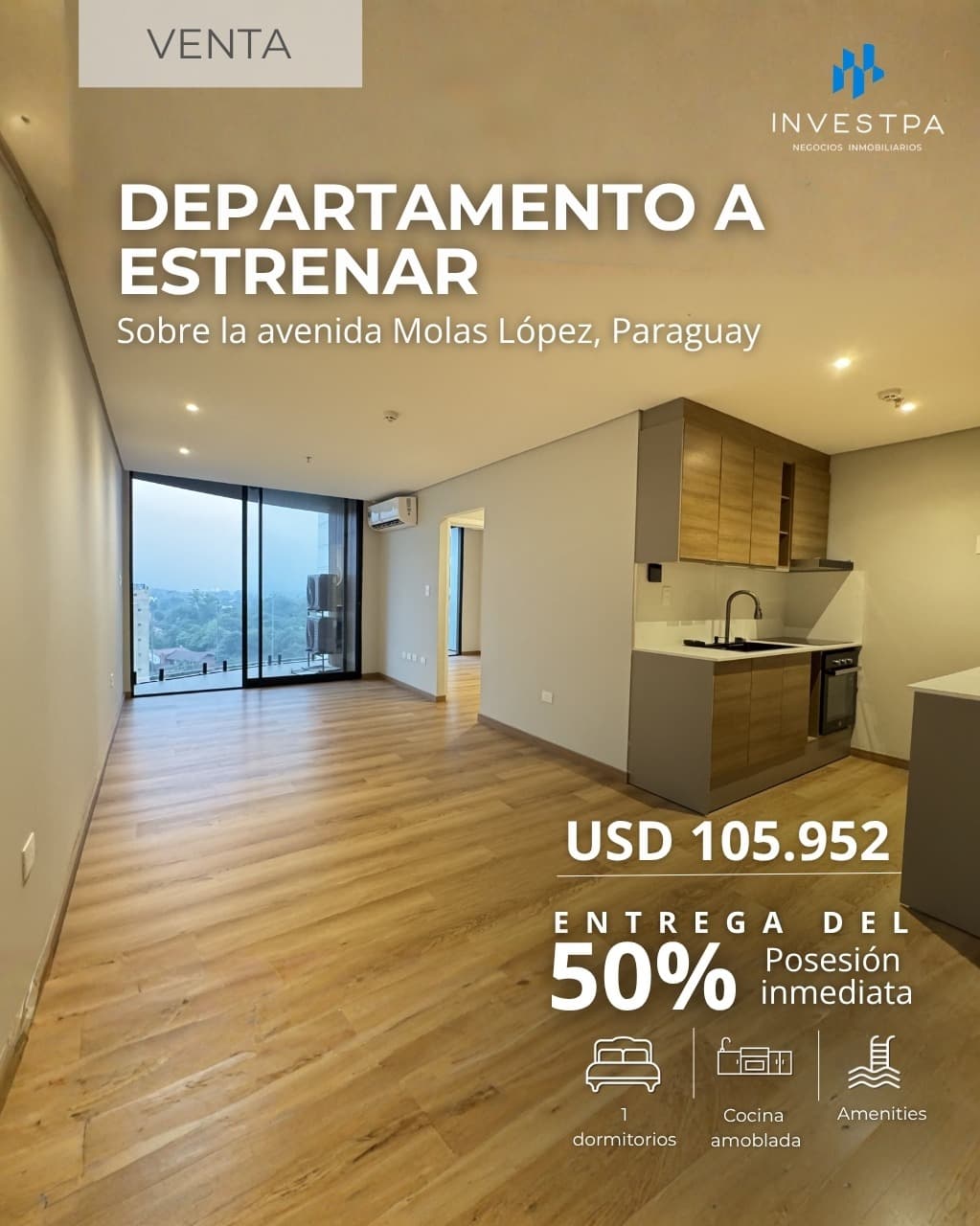 En venta departamento a estrenar de 1 habitación sobre molas lopez