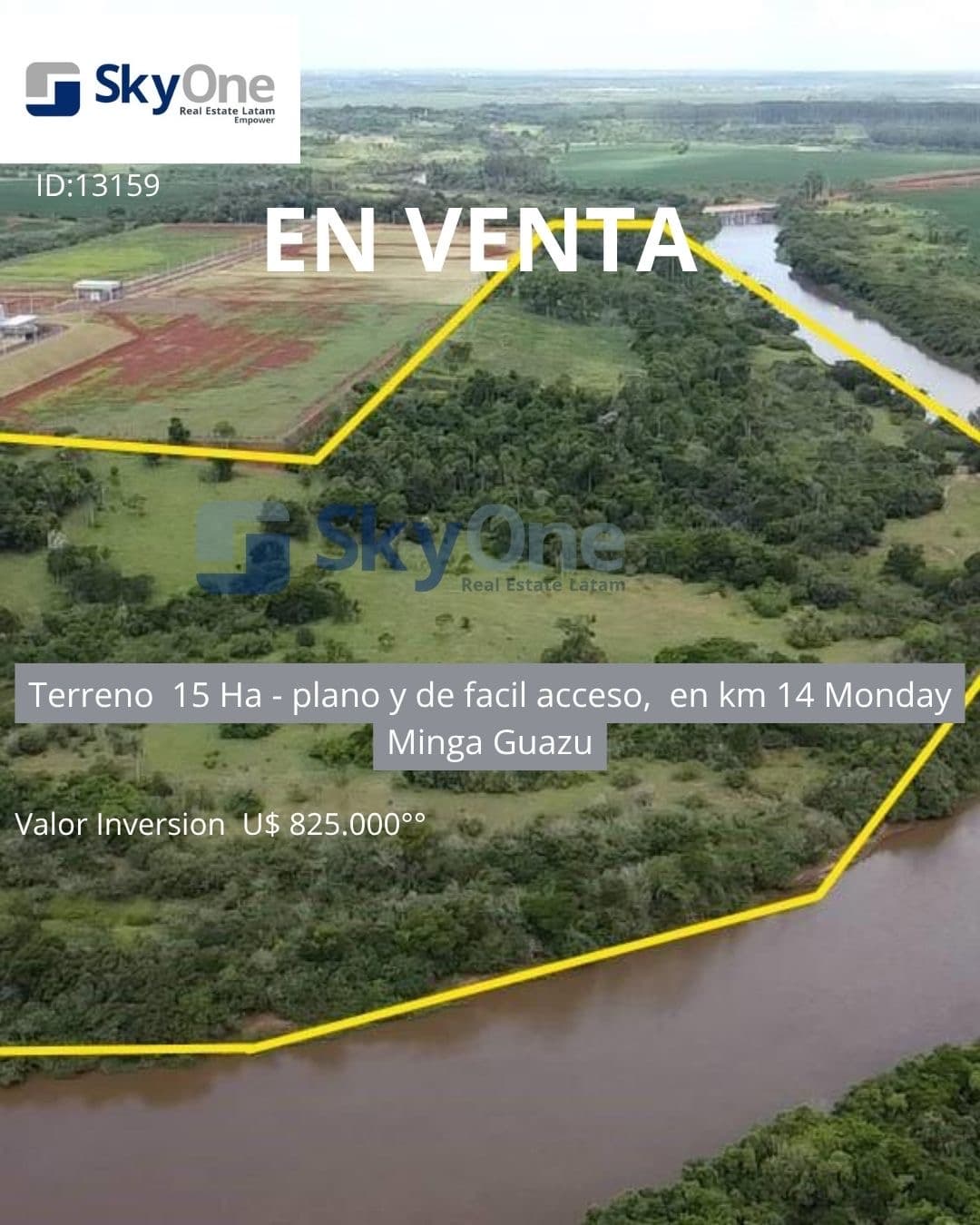 En venta terreno de 15 hectáreas en minga guasu km14 monday
