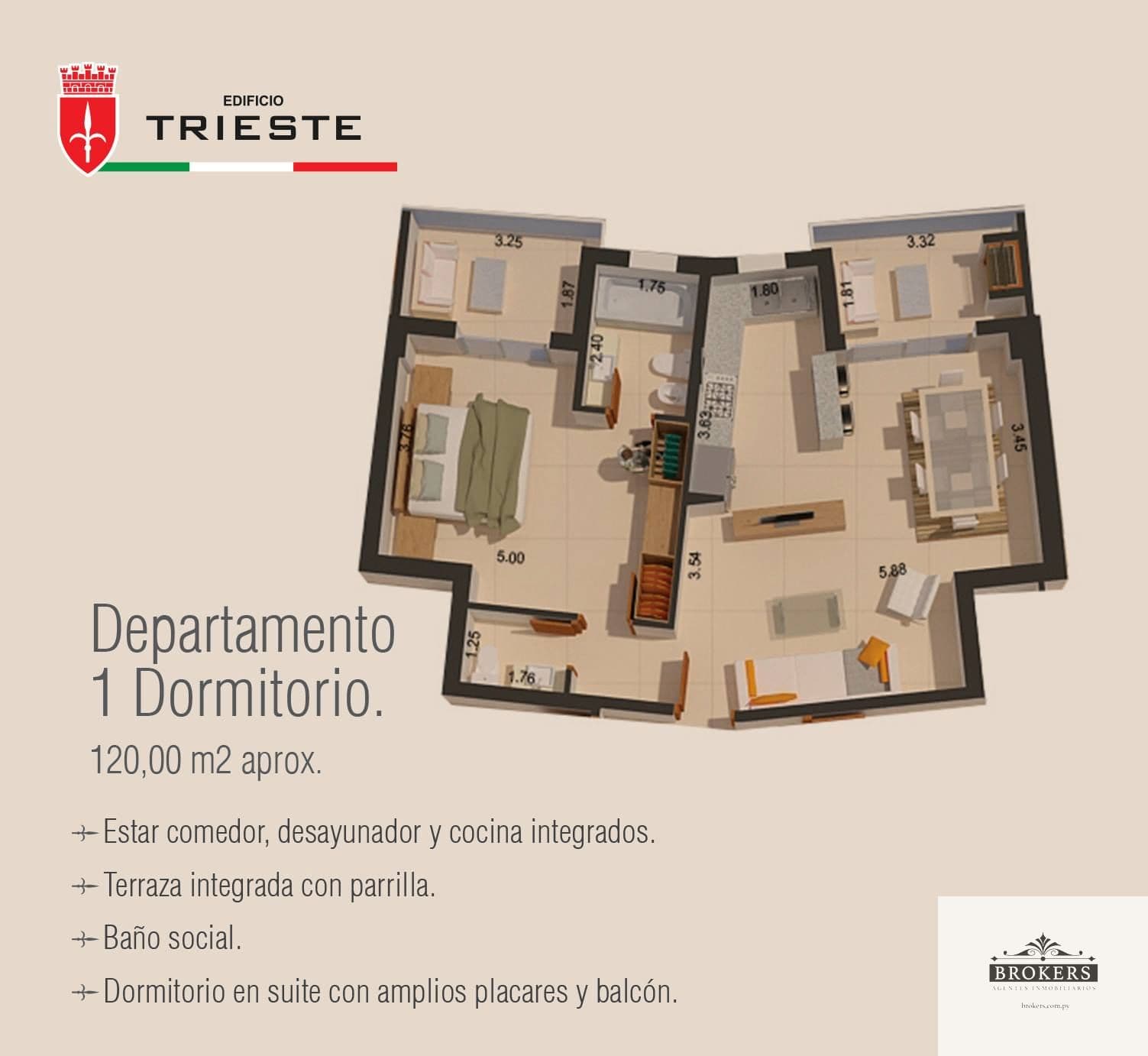 Departamento 120m2 Un dormitorio en Suite 1 cochera Edificio Trieste, foto 2