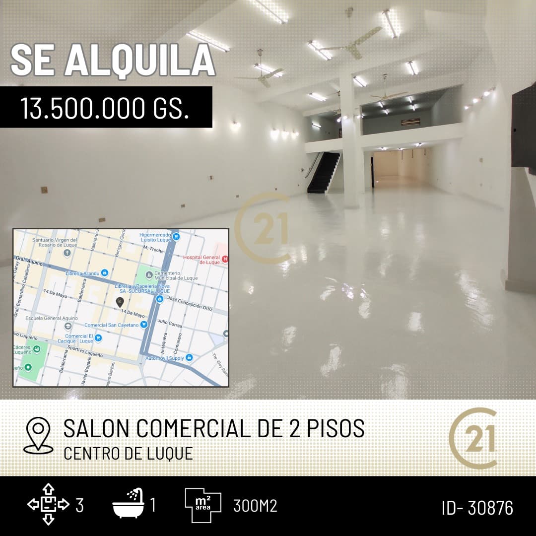 Alquilo amplio salón comercial 300m2 (centro de Luque)