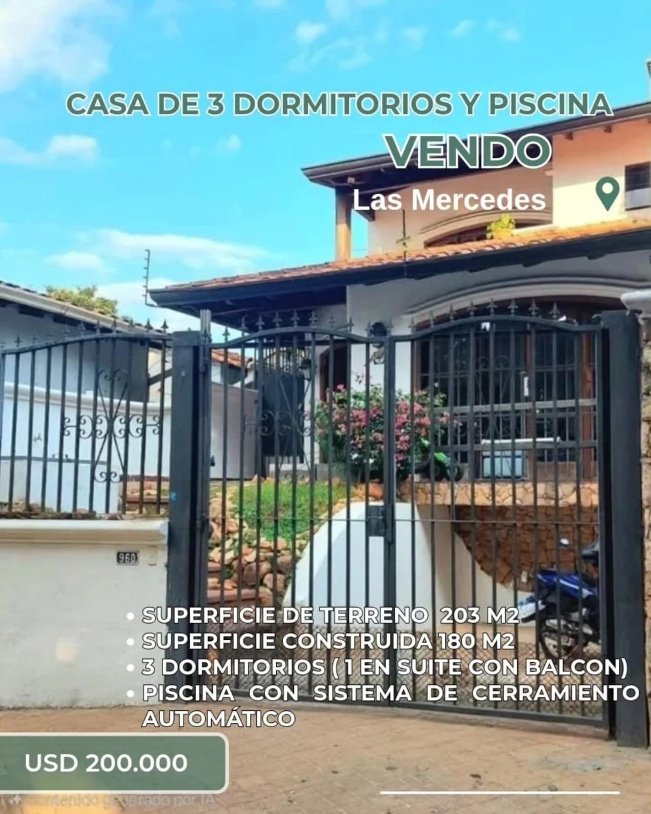 Vendo casa de estilo colonial de 3 dormitorios y piscina en Las Mercedes