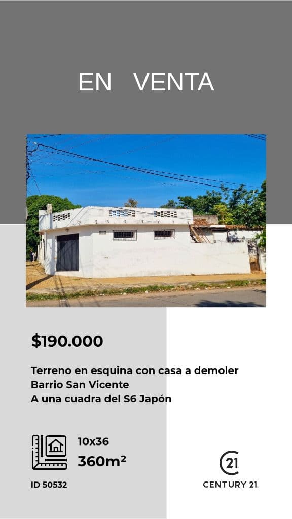 Vendo Terreno 360m² en Esquina, San Vicente - Asunción