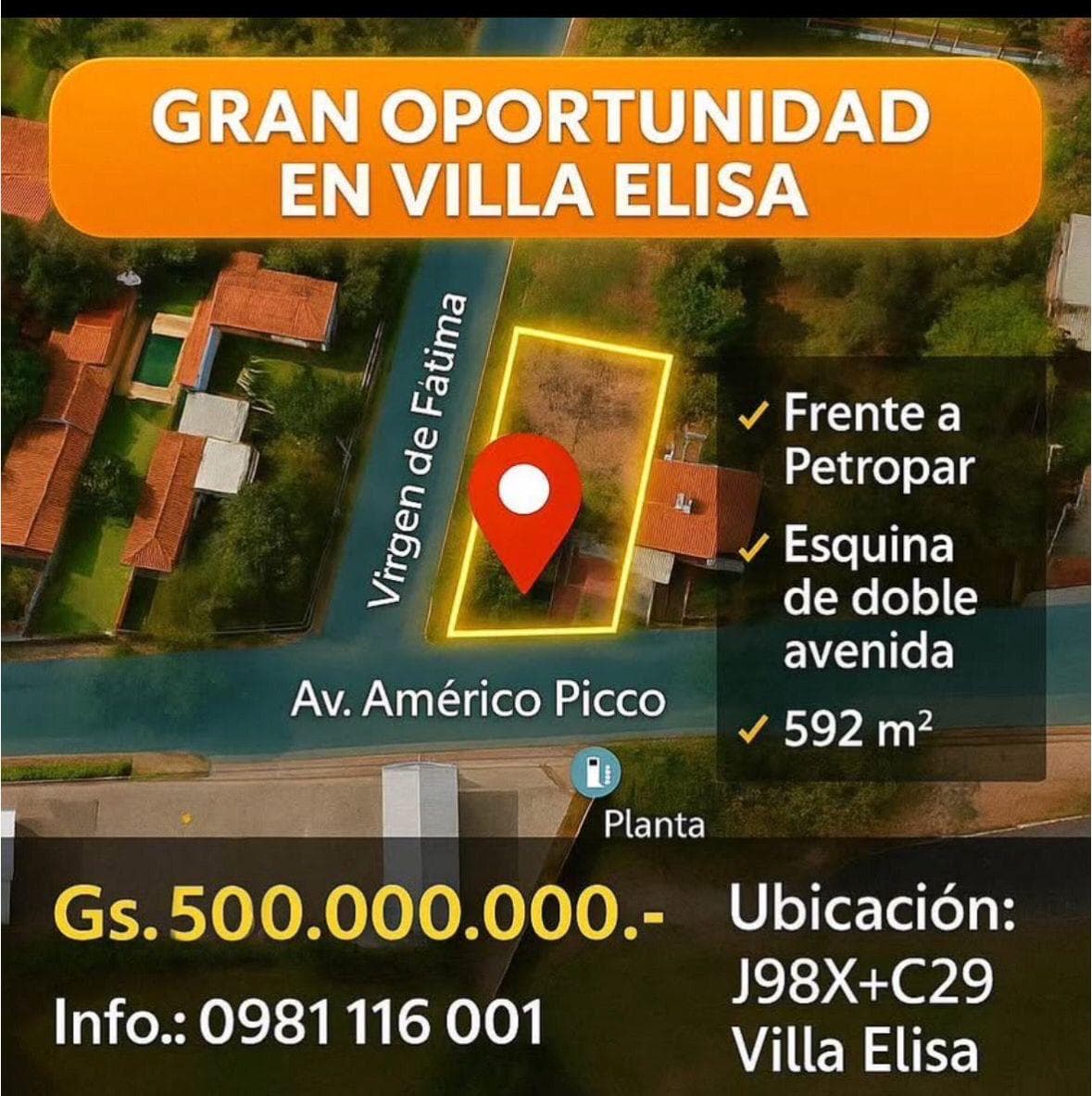 Vendo esquina de 592m2 frente a petropar en Villa Elisa