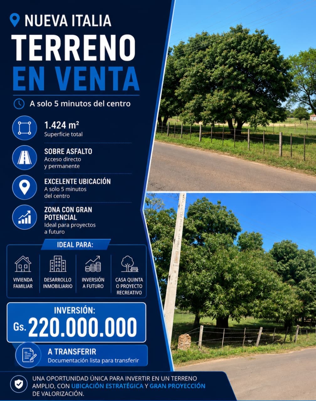 De Terreno De 1424 M2 En Nueva Italia, Sobre Asfalto, foto 1