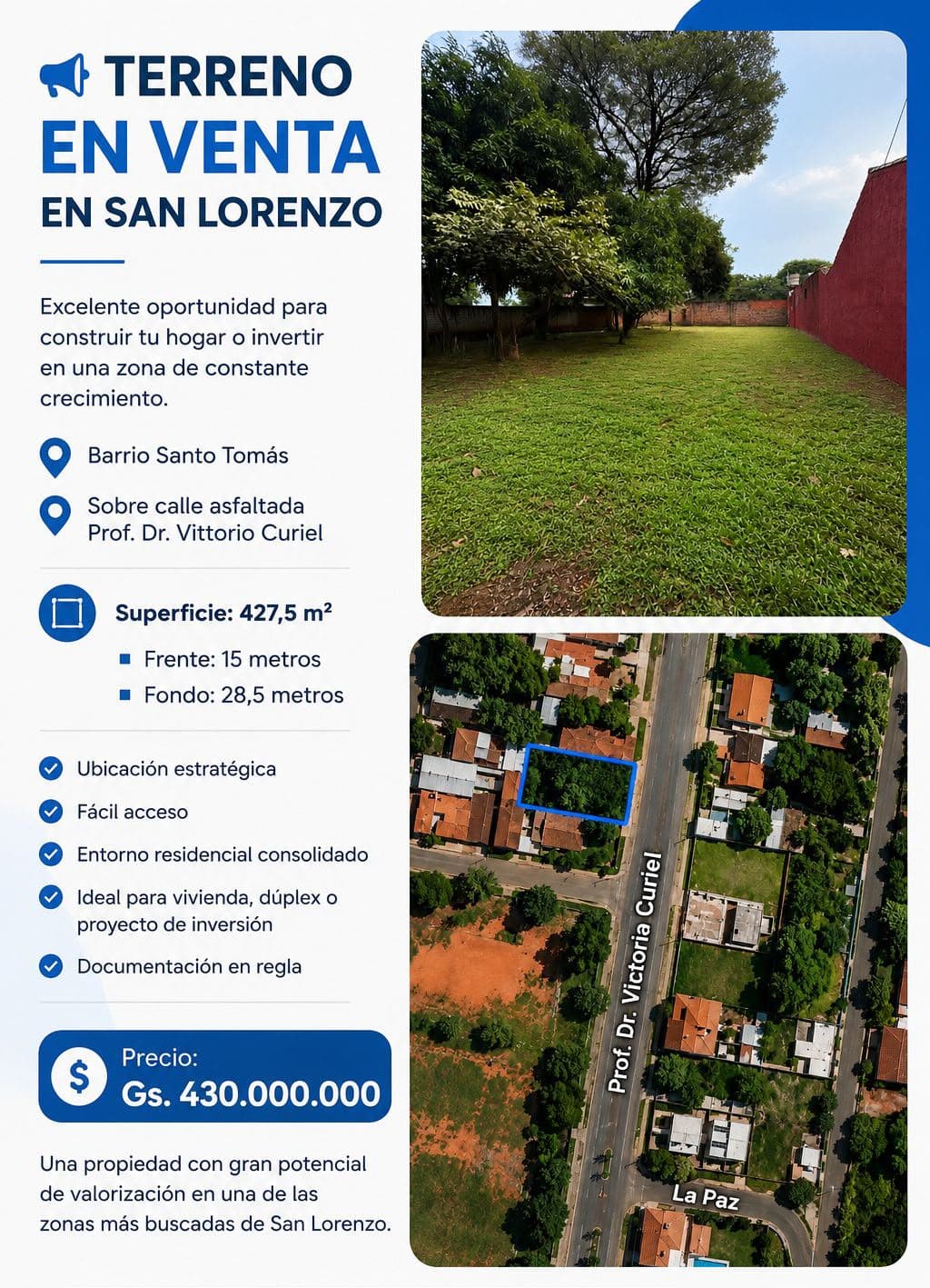 Venta de terreno sobre asfalto en San Lorenzo