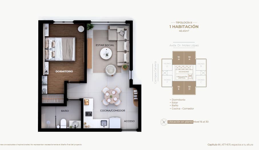 Desde US$ 115.638 – 1 Hab. ÆTHER Las Lomas | 46 m², foto 2