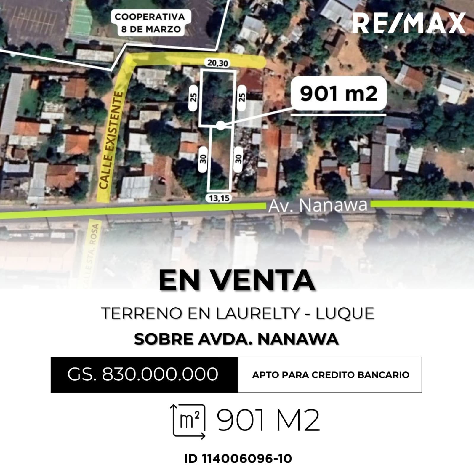 Terreno en venta de 901 m2 s/ avda nanawa, laurelty/Luque