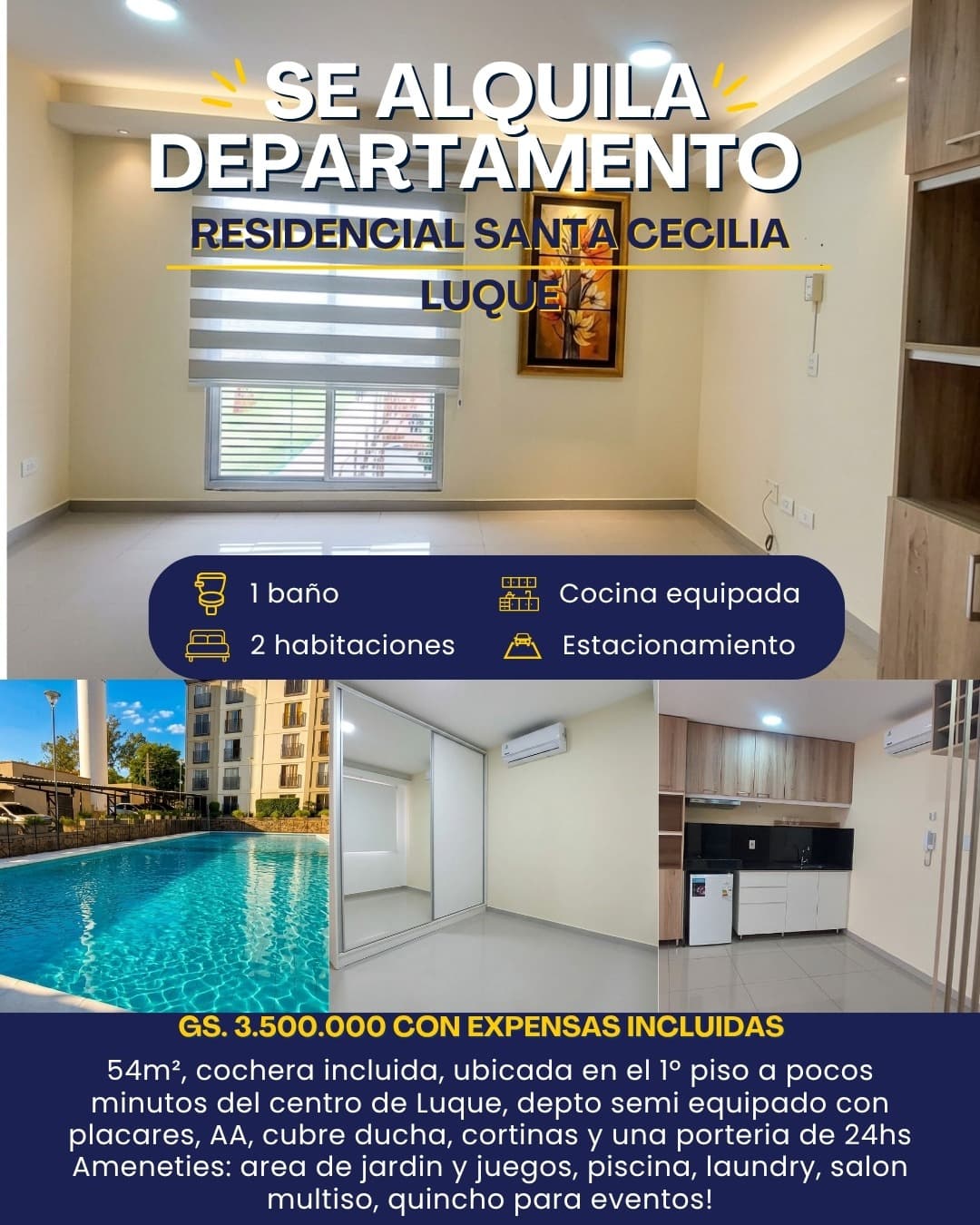 Departamento En Alquiler De 2 Hab, Residencial Santa Cecilia, Luque