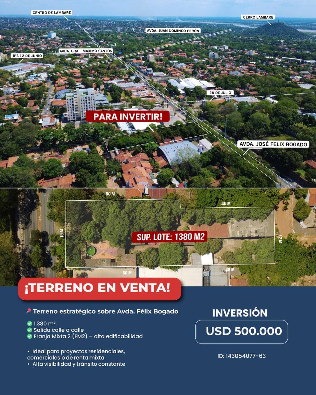 Terreno con salida de calle en Felix Bogado