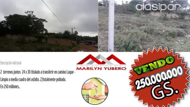 ATENCION!! Vendo 2 terrenos juntos 24 X 30 titulado en Zona Luque - Limpio, foto 2