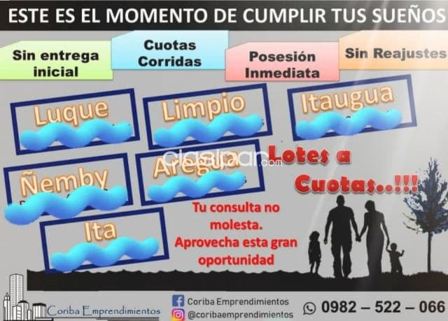 Gran oferta!! Hermosos terrenos en varias ciudades por el dpto central y en otro dpto!