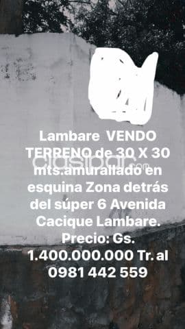 Lambare z/ detrás súper 6 avenida cacique lambare vendo terreno en esquina. 30 X 30 metros