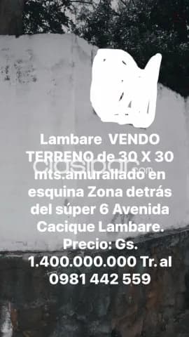 Lambare z/ detrás súper 6 avenida cacique lambare vendo terreno en esquina. 30 X 30 metros — foto 2