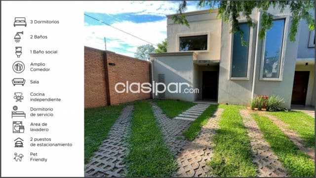 Luque – conmebol: Elegante residencia en condominio, 3 dormit, jardín, piscina, guardia 24