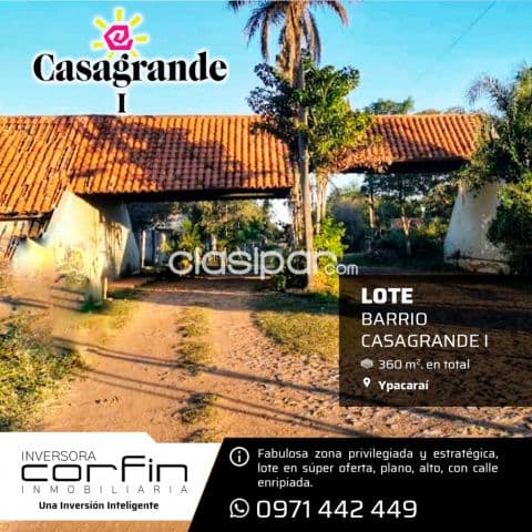 Barrio casagrande i, de ypacarai, 12 X 30m. Lote 360 m2., a solo 6 cuadras de ruta