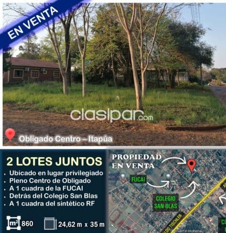 2 lotes juntos en esquina de 860 m2 en Obligado centro