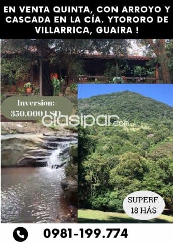 Casa quinta de 18 has., con arroyo y cascada en zona ytororo villarrica, guaira!, foto 1