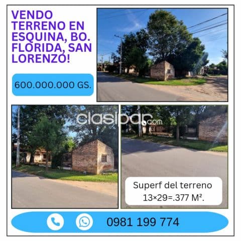 Terreno de 377 m2. Con excelente ubic. En esquina, bo. Florida, San Lorenzo!!!