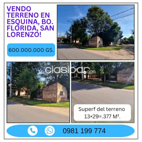 Terreno de 377 m2. Con excelente ubic. En esquina, bo. Florida, San Lorenzo!!!, foto 2