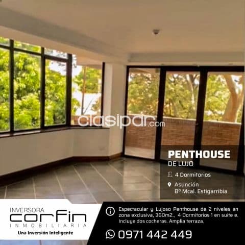 Espectacular y lujoso penthouse de 2 niveles, 360m2, 4 dmts. Barrio mcal estigarribia