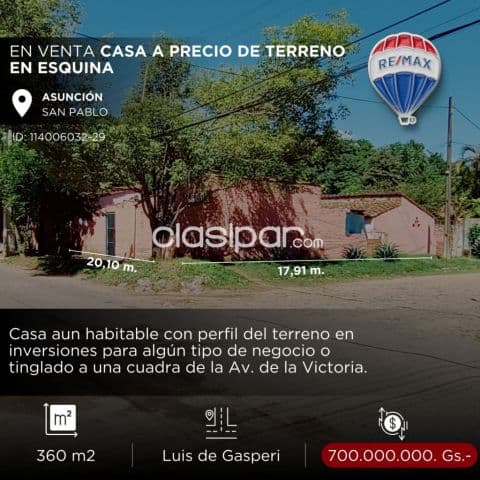 Casa en esquina barrio san pablo - asuncion