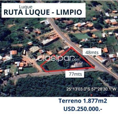 Luque – limpio: 1.877 m2, terreno + tinglado s/ ruta, 250.000 usd