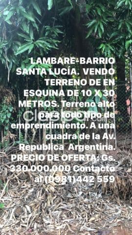 Terreno en esquina. Lambare-barrio santa lucía a 100 mts de la av. Rca. Argentina, foto 1