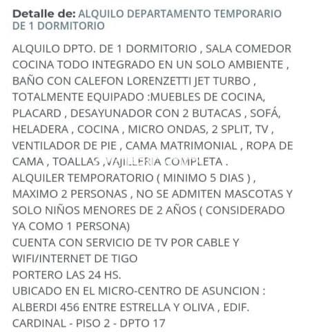 departamento amoblado en pleno centro de Asuncion