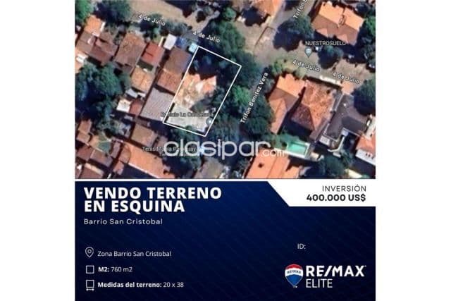 Terreno 760 m2 esquina a 400 mtrs mcal.lopez y 300 mtrs san martin-bo. San cristobal