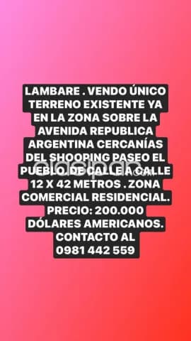 Lambare. Vendo terreno sobre la avenida republica argentina zon shopping paseo el pueblo, foto 2