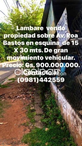 Lambare . Sobre la avenida roa bastos vendo terreno en esquina z/ com. Pueblo de dios