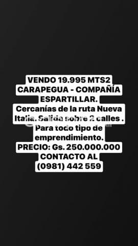 Carapegua-compañia espartillar. Vendo 19.995 mts2. Cercanías ruta nueva italia