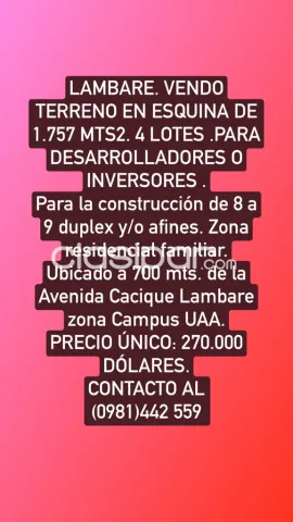 Lambare. Vendo terreno de 1.757 mts2- 4 terrenos . Esquina zona campus de la u. A.a — foto 3