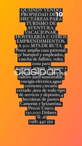 Quiindy vendo propiedad de 10 hectáreas para turismo aventura, hostelería,vacacionar,etc