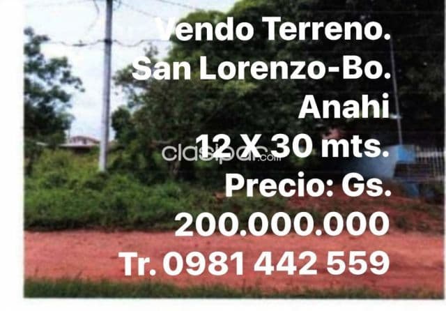 San Lorenzo- barrio anahi. Vendo terreno a 20 mts.de empedrado con todos los servicios bás