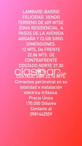 Lambare-barrio felicidad vendo amplio terreno de 608 mts2. Zona club sirio y av. Argaña — foto 2