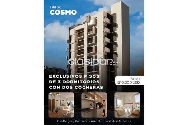 Piso exclusivo de tres dormitorios y dos cocheras edificio cosmo