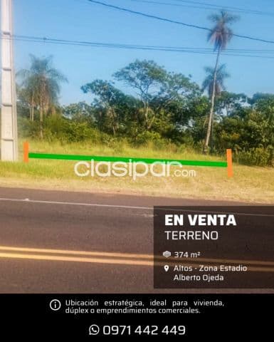 Altos, terreno de 374 m2 sobre ruta asfaltada altos–loma grande zona estadio alberto ojeda