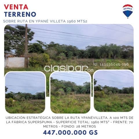 Terreno sobre ruta en ypané villeta 1960 mts2 📍 terreno en venta ypane ubicación estratég
