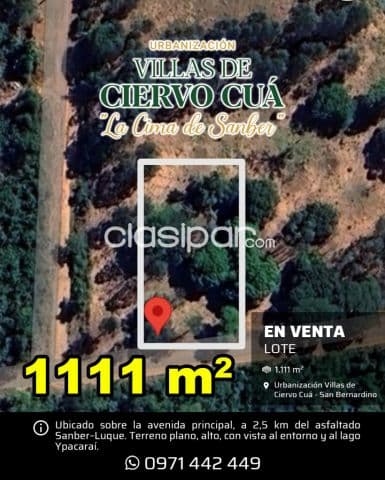 Invierta en villas de ciervo cuá, San Bernardino lote de 1.111 m² sobre avenida principal