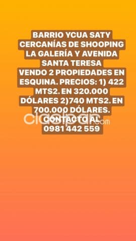 Barrio ycua saty. Vendo 2 terrenos en esquina cercanías de paseo la galería y sta. Teresa