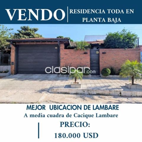 Lambare en pb: Ideal p/ adultos mayores, 3 dormit, escrit, quincho, parrilla, 180.000 usd — foto principal