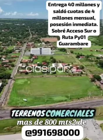 En venta terrenos comerciales de 800mts2 sobré Acceso Sur o Ruta py 1, entrega y sorridas, foto 2
