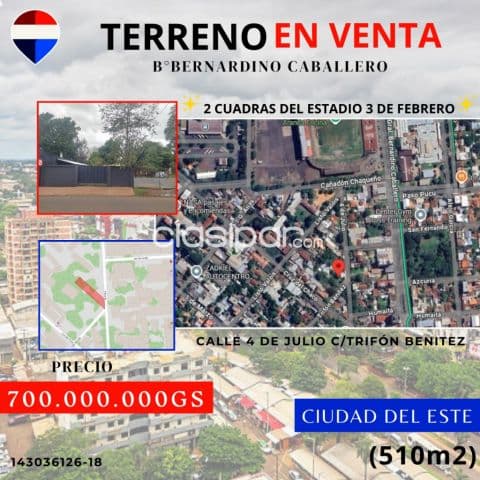 Terrno 510m2- venta- Ciudad del Este, cerca del estadio 3 de febrero antonio aranda, foto 1