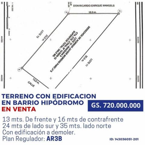 Terreno-Venta-PY Asunción Hipódromo 427m2