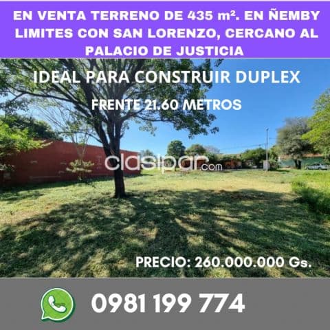 Terreno de 435 m2. Ideal para construir duplex en zona pa-i ñu Ñemby !!