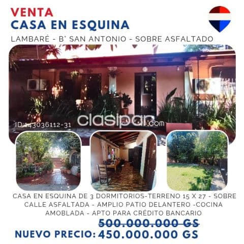 Venta- terreno 405 m2 - casa en lambare, san antonio