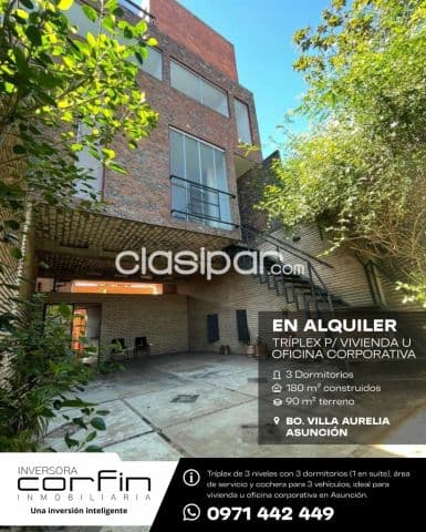 Tríplex para vivienda y/o oficina corporativa, Asunción, bo. Villa aurelia