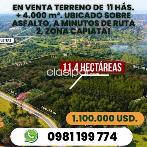 En venta importante propiedad de 11 hectareas, muy cercano al centro de capiata ruta 2 !