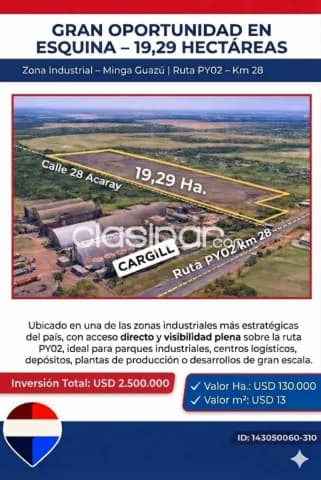 En venta – 19,29 hectáreas en esquina industrial – minga guazú | ruta py02 – km 28, foto 2